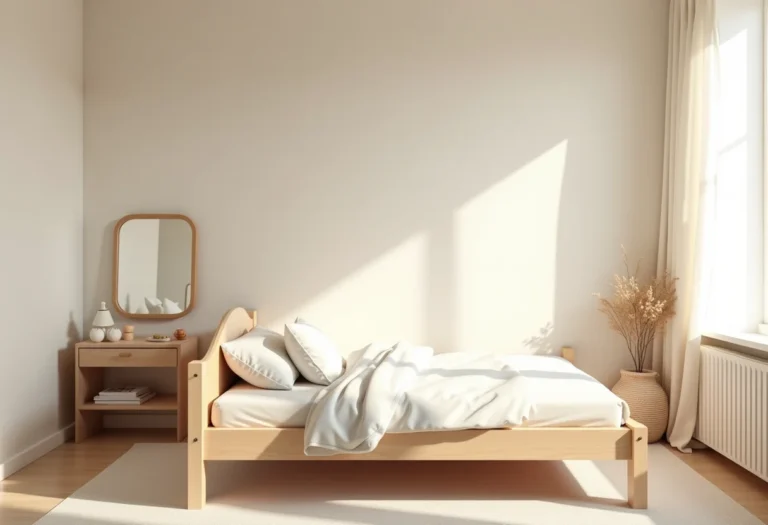 Quarto montessoriano com cama baixa e elementos educativos.