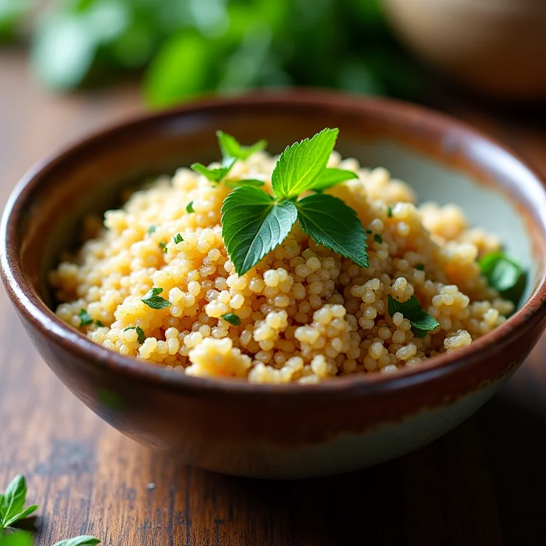 Quinoa cozida em tigela rústica