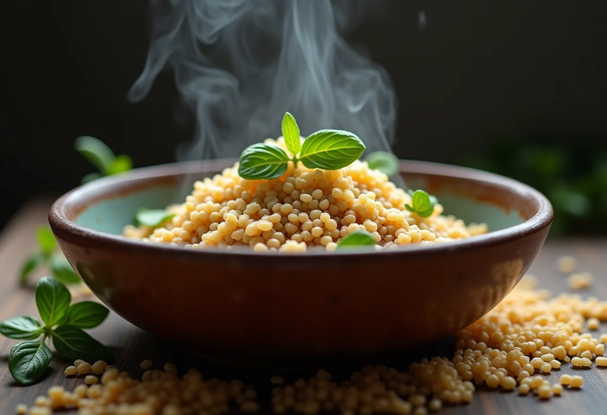 Quinoa cozida perfeita em tigela rústica com ervas frescas