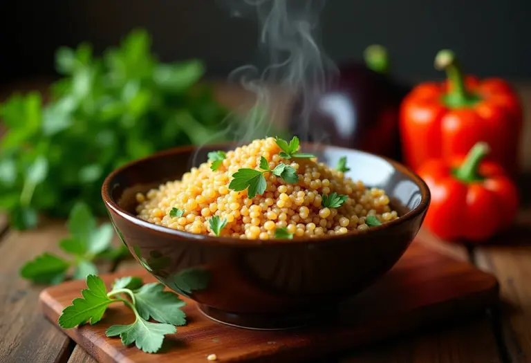 Quinoa real cozida com ervas frescas e vegetais