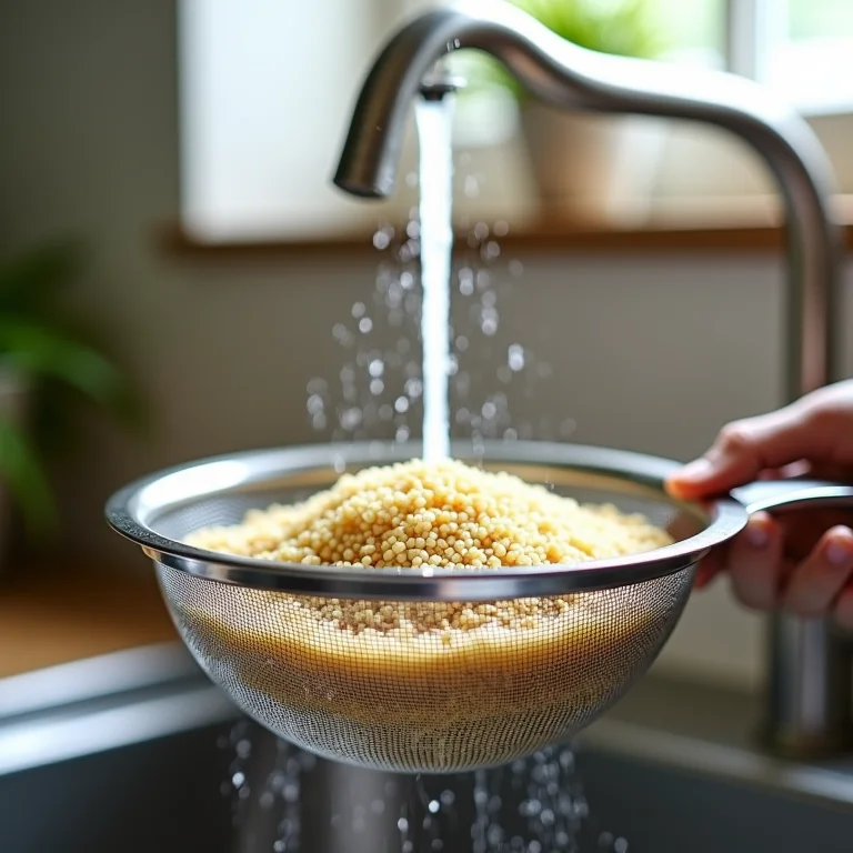 Quinoa sendo lavada em peneira sob água corrente