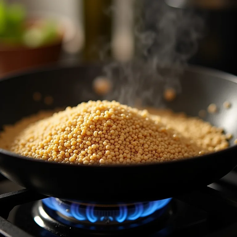 Quinoa sendo tostada em panela seca no fogão
