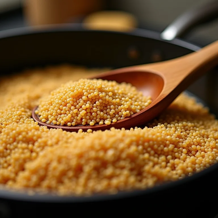 Quinoa tostada dourada em panela com colher de pau