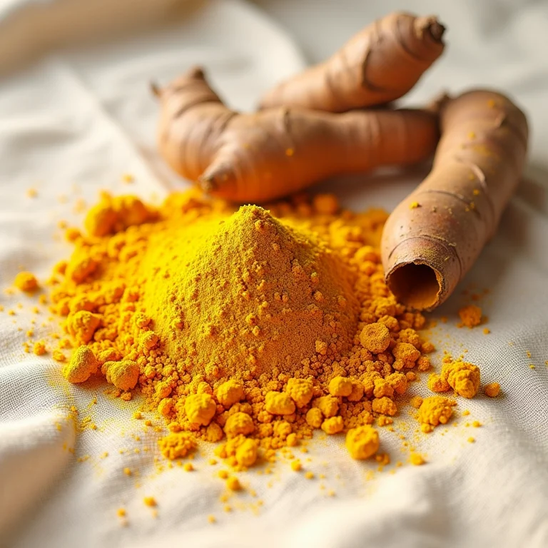 Raiz de açafrão e pó dispostos sobre tecido de linho.