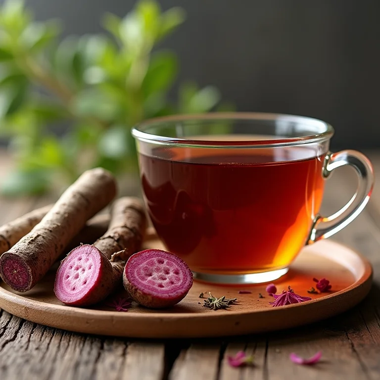 Raiz de alcaçuz inteira e fatiada ao lado de xícara de chá de alcaçuz.