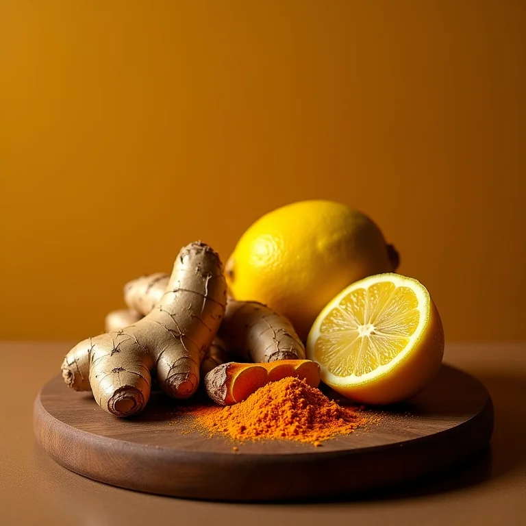 Raiz de cúrcuma fresca, gengibre, limão e especiarias.