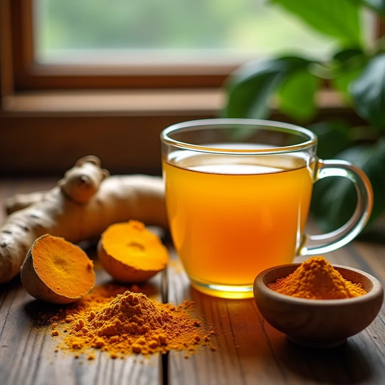 Raiz de cúrcuma, pó de cúrcuma e chá de cúrcuma dourado sendo preparado