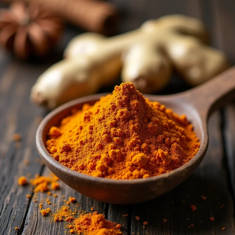 Raiz de gengibre e especiarias sobre fundo escuro.