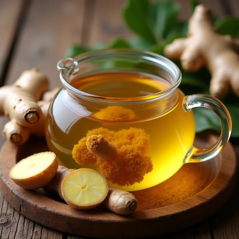 Raiz de gengibre fresca fatiada em infusão num bule de vidro.