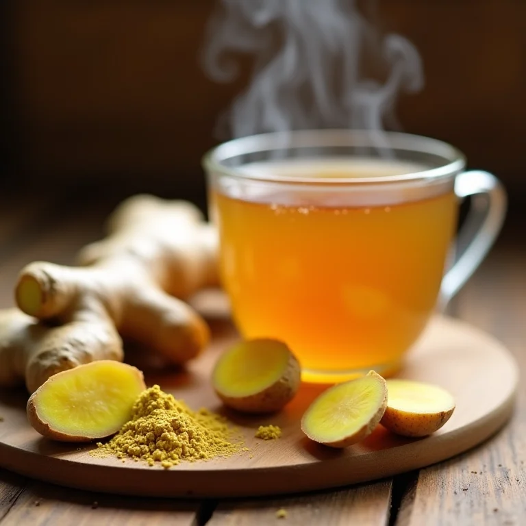 Raiz de gengibre fresca, gengibre em pó e xícara de chá de gengibre fumegante