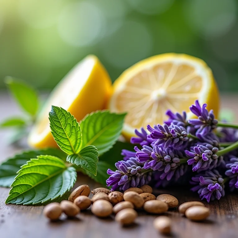 Raiz de valeriana, passiflora e lavanda ao lado de erva cidreira fresca, sugerindo alternativas para pacientes hipertensos.