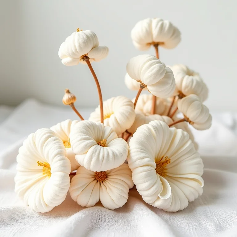 Raiz e flores de alteia secas dispostas em um fundo de linho.