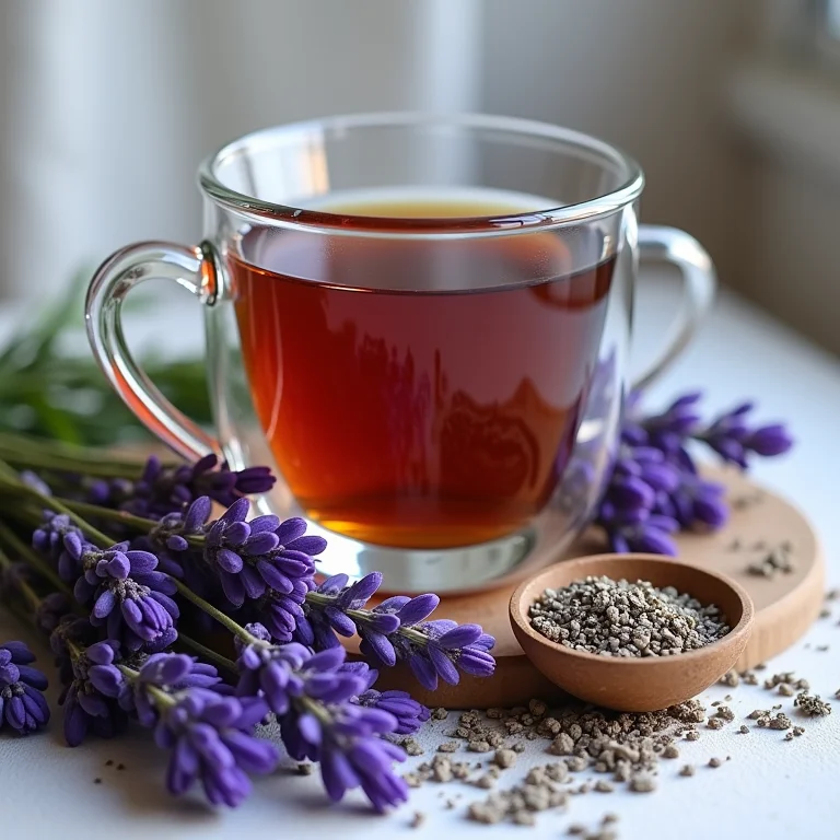 Raminhos de lavanda fresca e flores secas ao lado de chá de lavanda