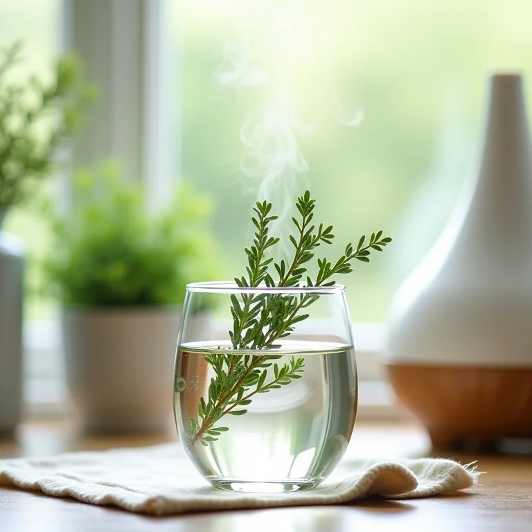 Raminhos de tomilho fresco em um copo de água, liberando óleos essenciais.