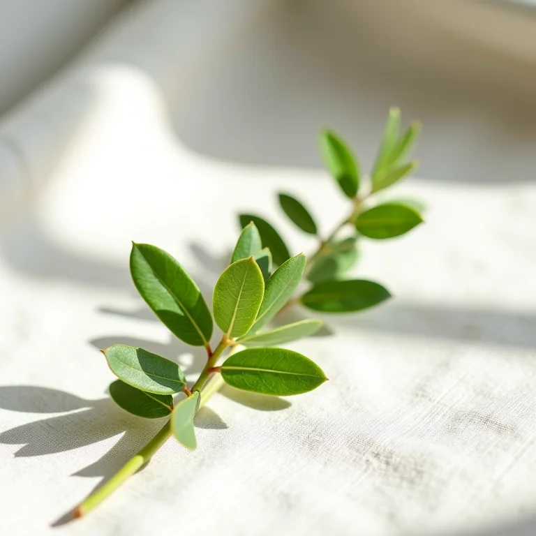 Ramo de arruda delicadamente disposto sobre tecido rústico.