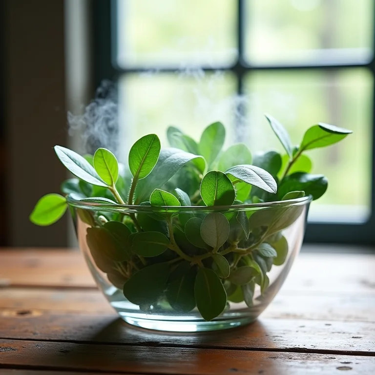Ramo de eucalipto fresco em água quente para inalação