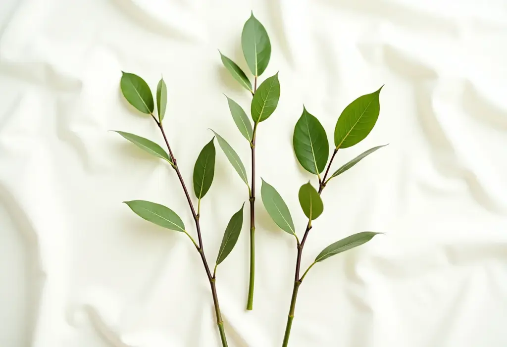 Ramos de arruda frescos dispostos sobre tecido de linho