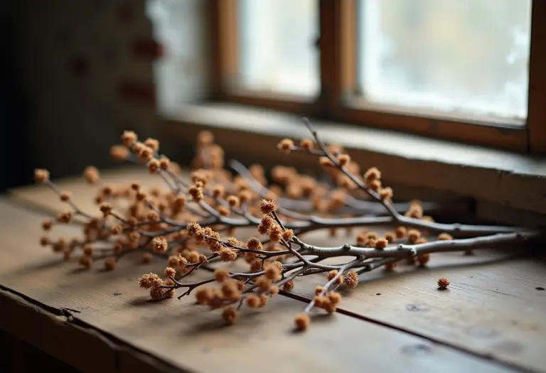 Ramos de arruda seca espalhados sobre mesa de madeira rústica