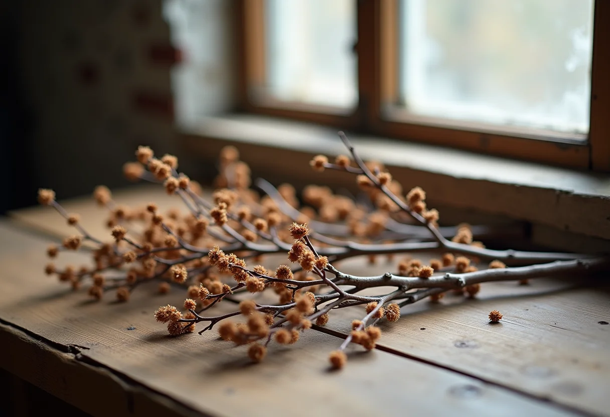 Ramos de arruda seca espalhados sobre mesa de madeira rústica