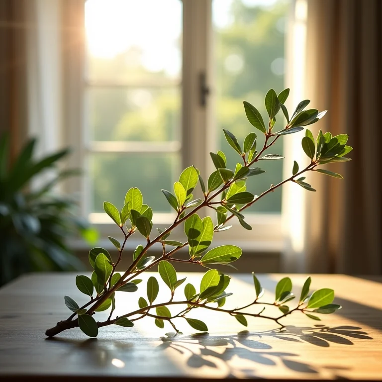 Ramos de arruda sobre mesa de madeira