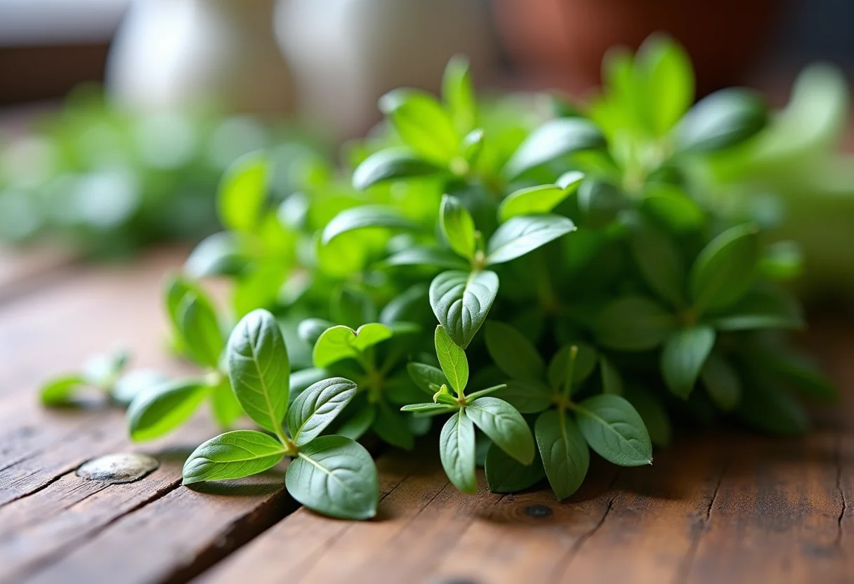 Ramos de estragão verde vibrante em uma mesa de madeira rústica