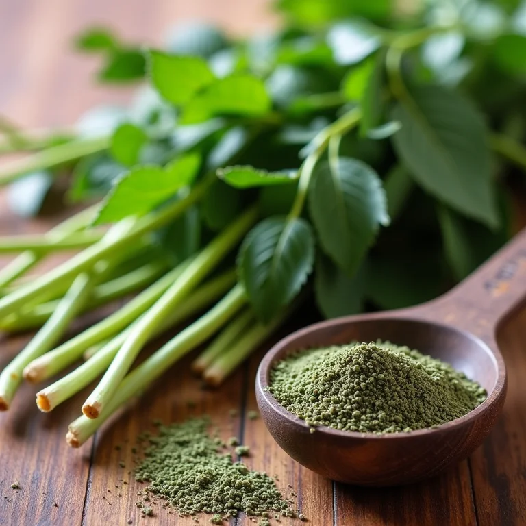 Ramos frescos de cavalinha e colher medidora em fundo de madeira.