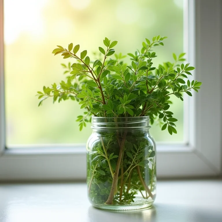 Ramos frescos de orégano em um pote de vidro.