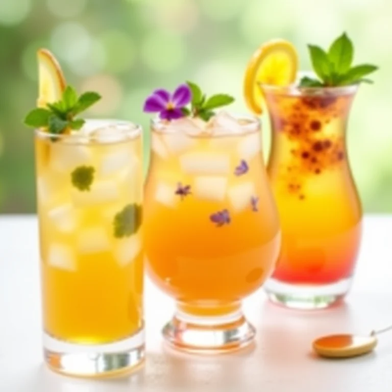 Receitas de chá gelado com diferentes guarnições: hortelã, frutas e flores comestíveis.