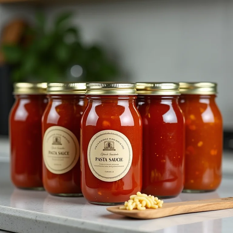 Receitas de misturas caseiras para diferentes tipos de macarrão em potes de vidro.