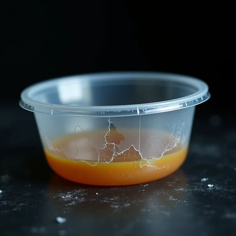 Recipiente de plástico rachado liberando substâncias tóxicas.