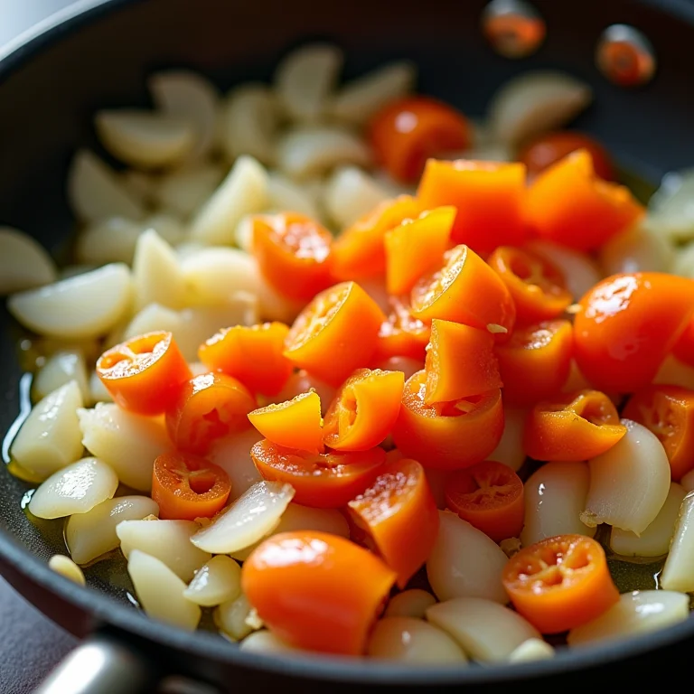 Refogado de cebola, alho e pimentões em azeite na panela.