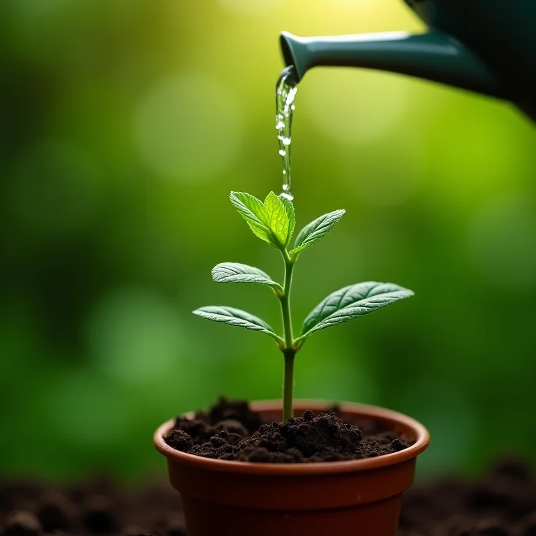 Regando muda de hortelã recém-plantada em vaso.