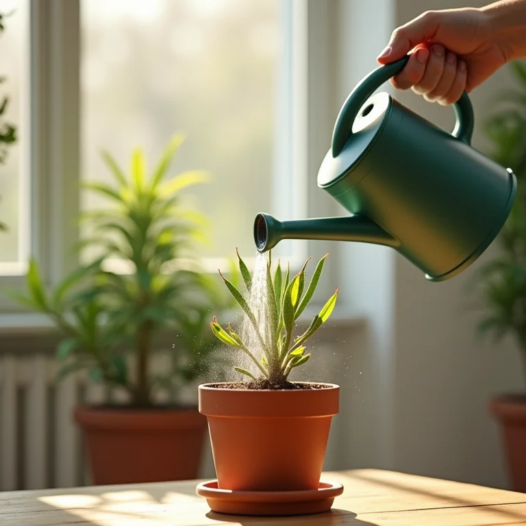 Regando uma planta de arruda em um vaso com cuidado.