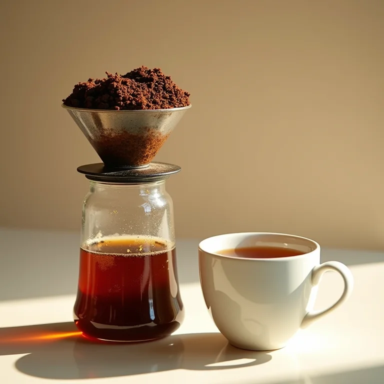 Resíduos de café em cafeteira contrastando com xícara de chá de camomila