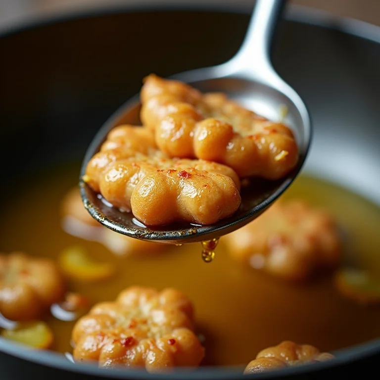 Retirando o alho frito do óleo.