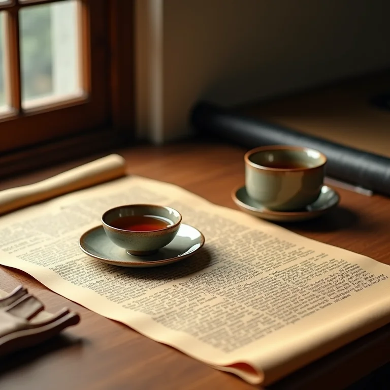 Rolos antigos japoneses e xícaras de chá vintage em mesa de madeira.