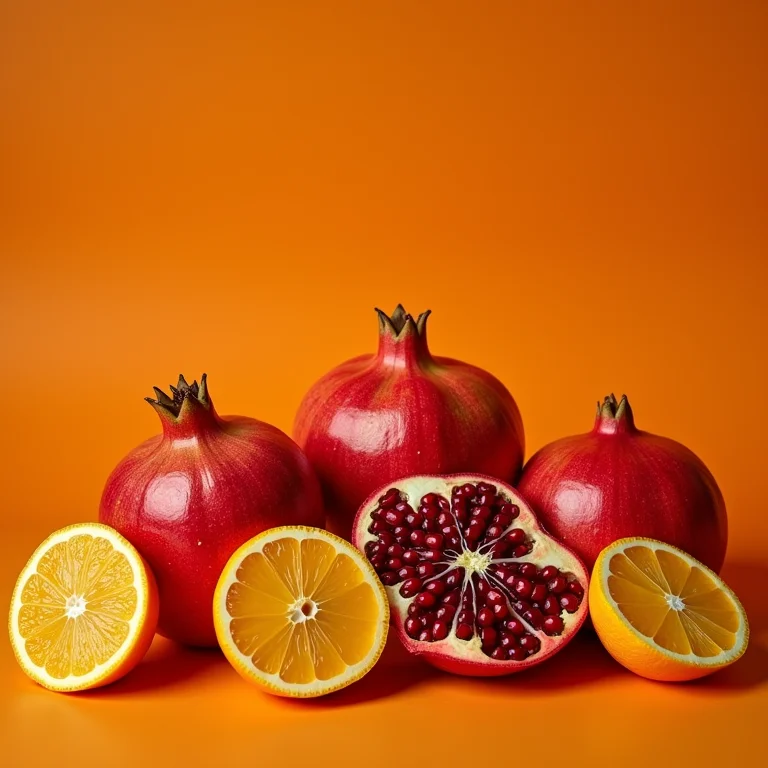 Romãs frescas ao lado de laranjas e limões fatiados, destacando o conteúdo de Vitamina C