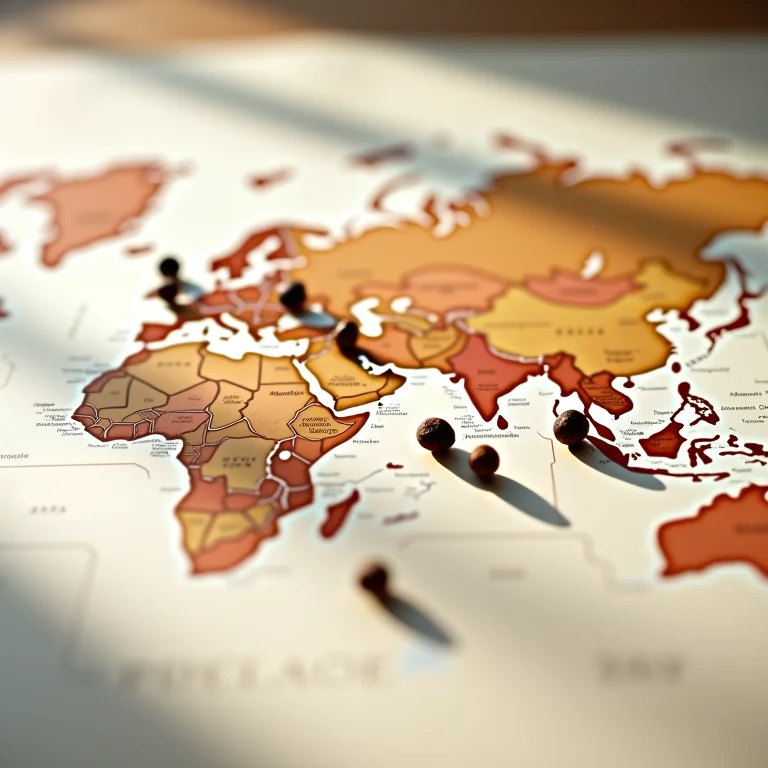 Rota da pimenta do reino no mapa mundial.