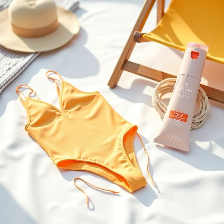 Roupas de banho, toalha e cadeira de praia manchadas com protetor solar