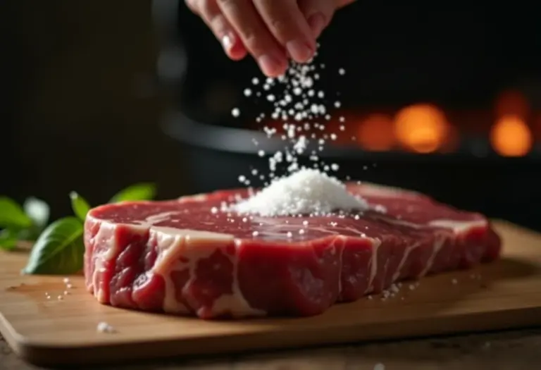 Sal de parrilla sendo usado para temperar carne em um churrasco