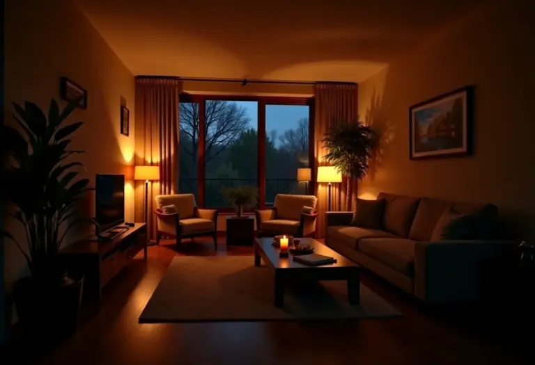 Sala de estar aconchegante com iluminação indireta suave.