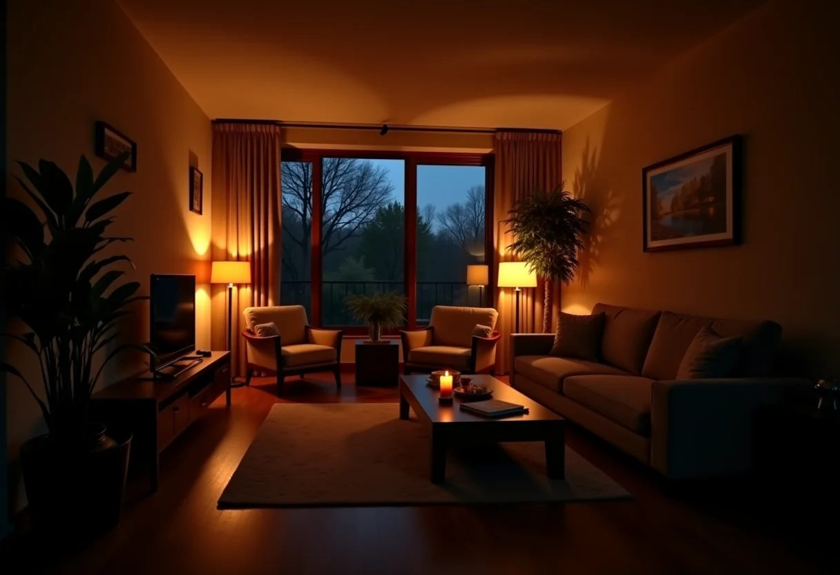 Sala de estar aconchegante com iluminação indireta suave.