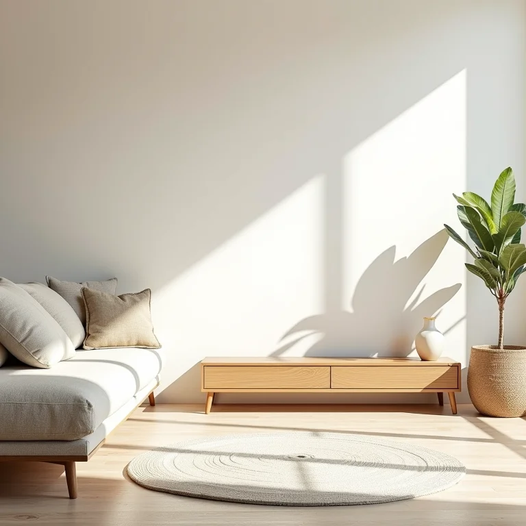 Sala de estar com decoração minimalista, elementos naturais e luz natural