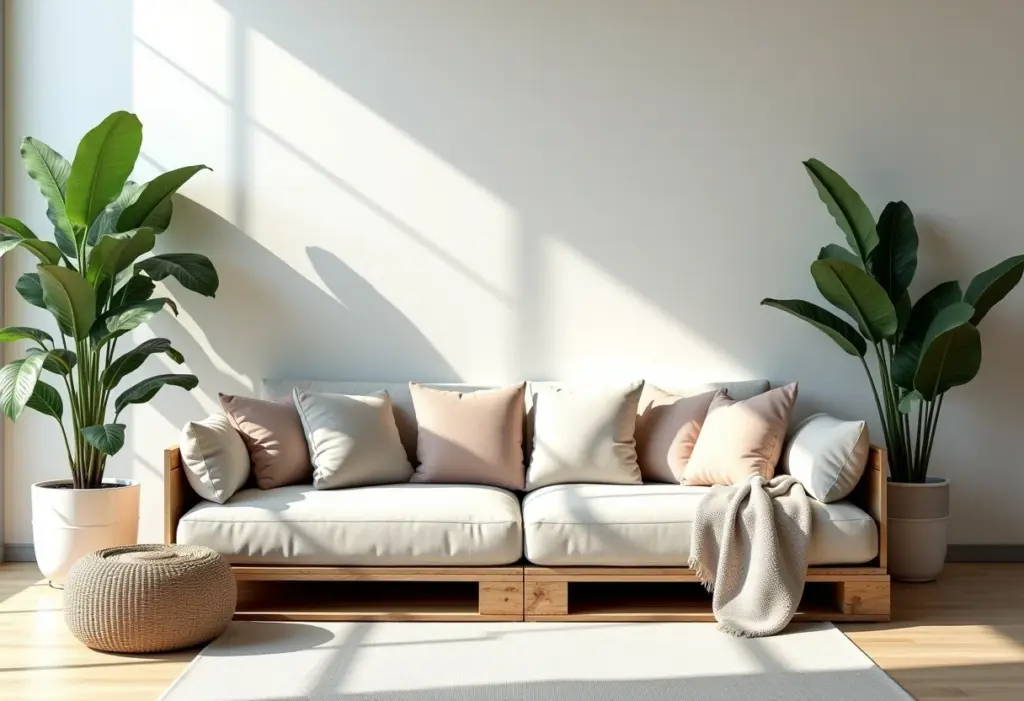 Sala de estar com sofá de palete estiloso e sustentável