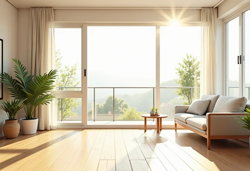 Sala de estar de apartamento novo com luz natural e decoração minimalista