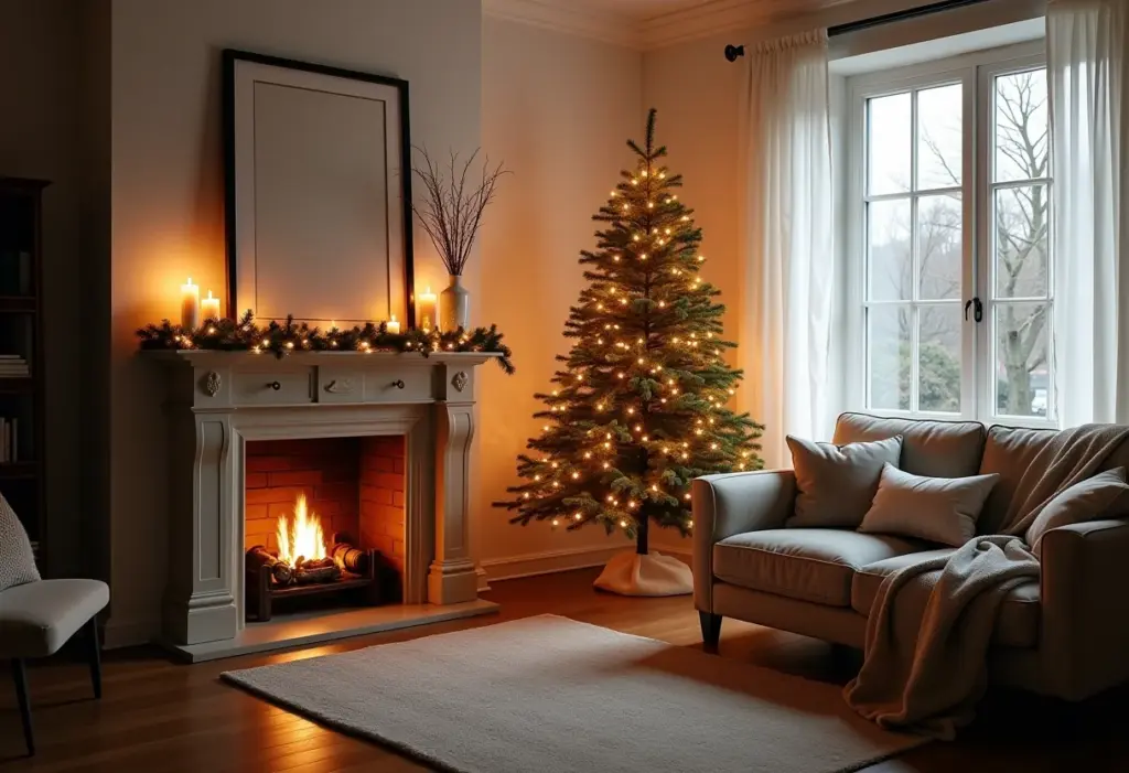 Sala de estar decorada para o Natal com estilo minimalista e elegante.