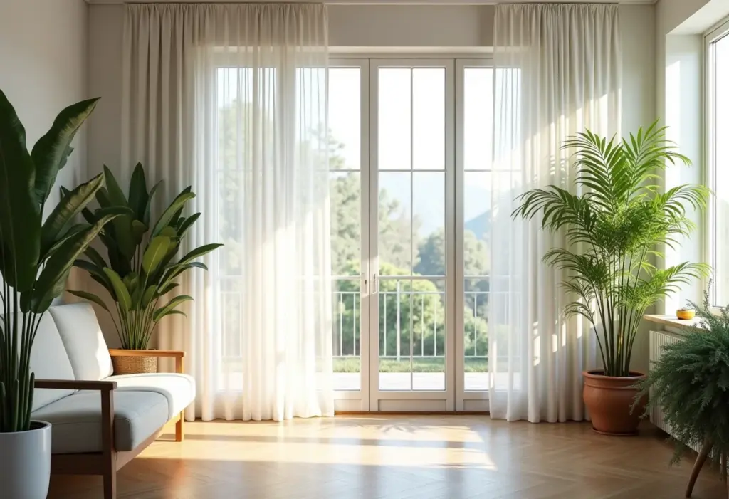 Sala de estar elegante com jardim de inverno exuberante.