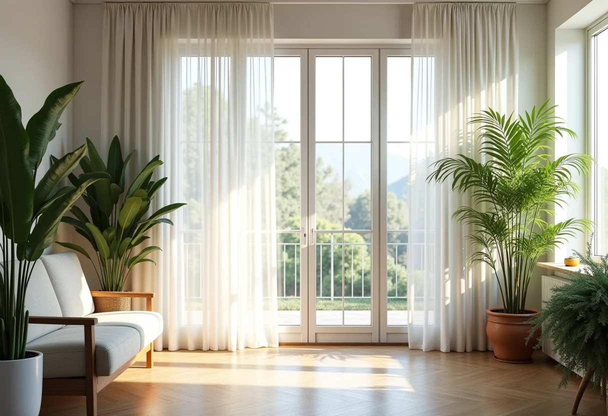 Sala de estar elegante com jardim de inverno exuberante.