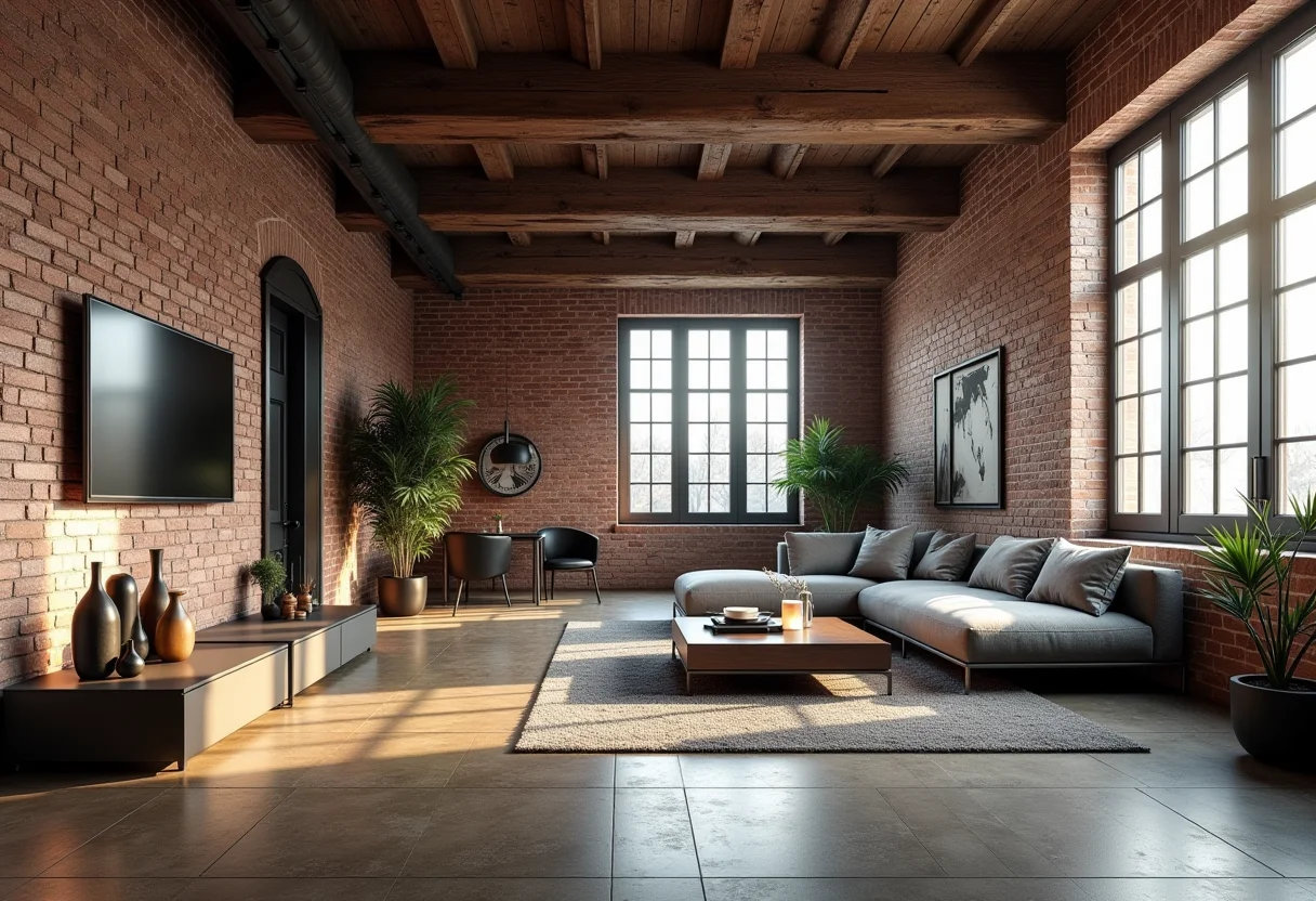 Sala de estar em estilo industrial chic com tijolos aparentes e iluminação suave