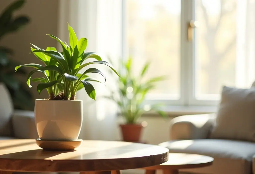 Sala de estar iluminada com planta de arruda para afastar energias negativas